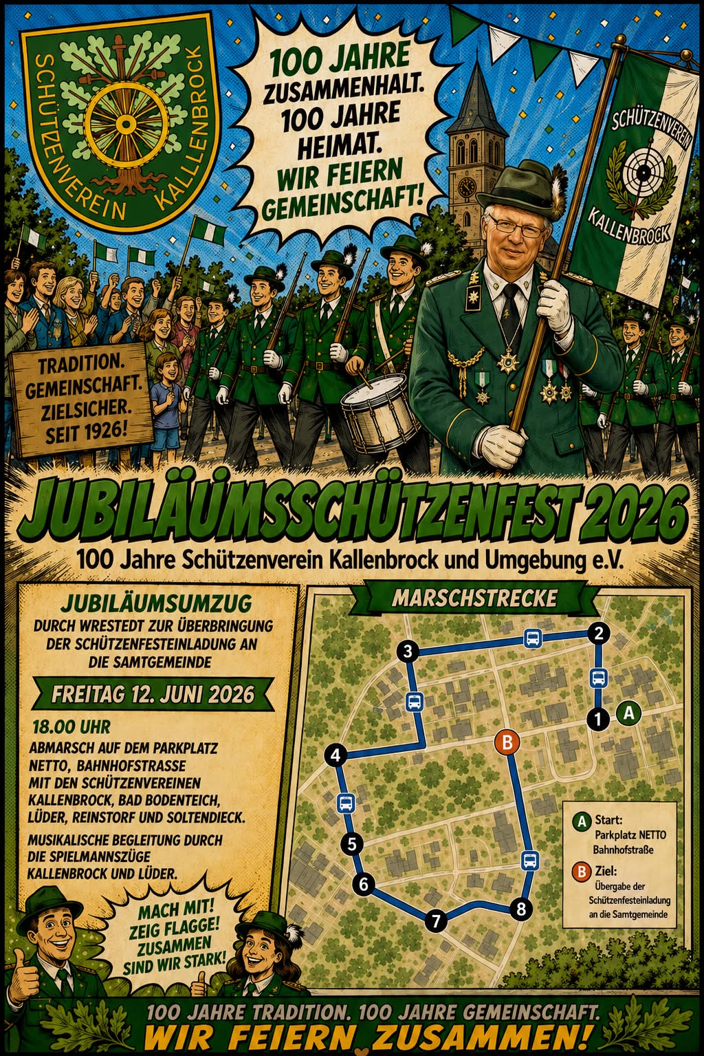 Flyer zum Jubiläumsschützenfest 2026 des Schützenvereins Kallenbrock u. Umg. e.V.