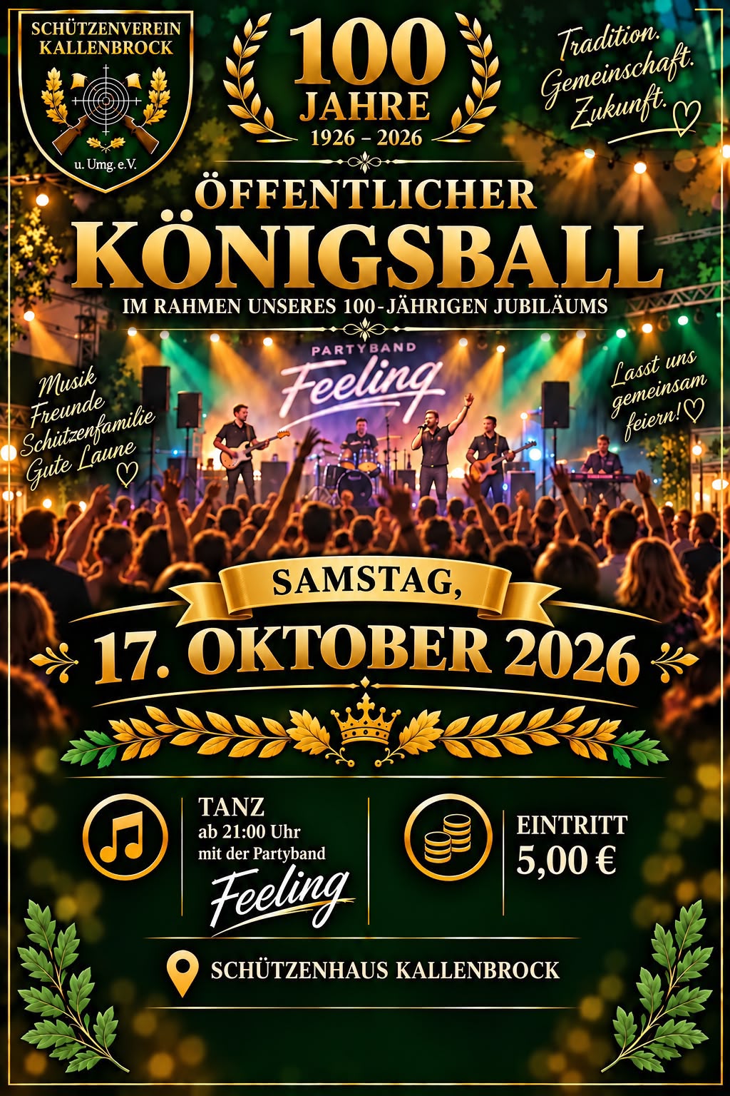 Plakat: Oeffentlicher Koenigsball, Samstag 17. Oktober 2026, Tanz ab 21 Uhr mit der Partyband Feeling, Eintritt 5 Euro, Schuetzenhaus Kallenbrock
